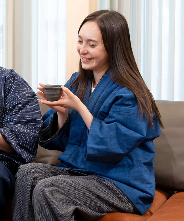 女性紬織作務衣式綿入キルト袢天