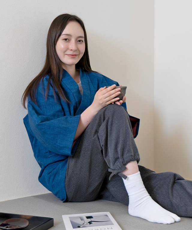 女性紬織作務衣式綿入キルト袢天