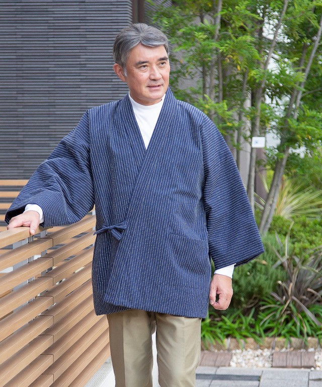 刺子織作務衣式綿入袢天 No.1 濃紺-スペック斑（むら）染め 【和粋庵】