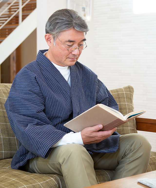 刺子織作務衣式綿入袢天 No.1 濃紺-スペック斑（むら）染め 【和粋庵】