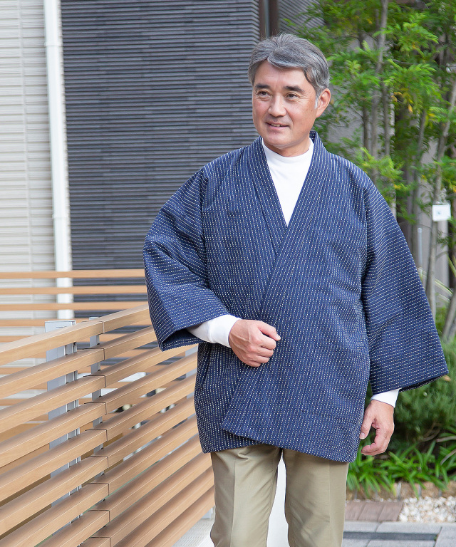 刺子織作務衣式綿入袢天 No.1 濃紺-スペック斑（むら）染め 【和粋庵】