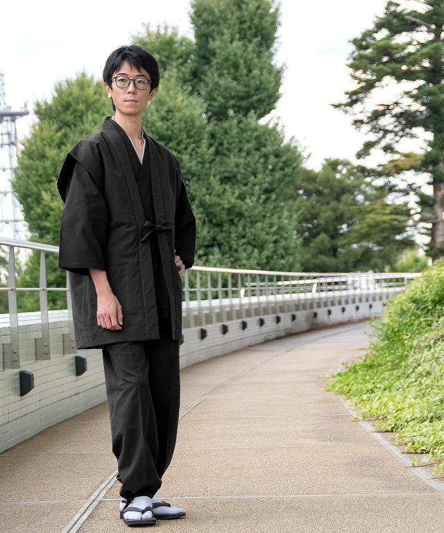 手紡ぎ風・遠州織袖無し綿入袢天