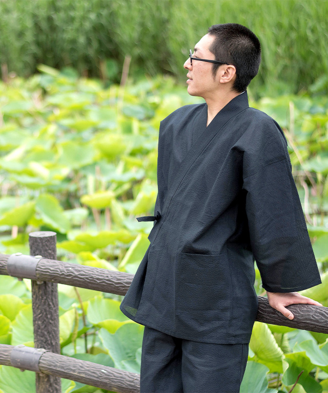 綿麻シジラ作務衣 （めんあさしじらさむえ） 黒 (M-LL) | 作務衣・甚平