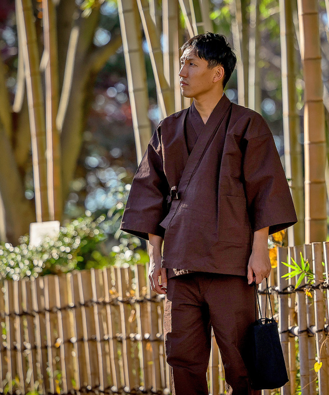 単衣　黒字に茶系のシックな紬 単衣 黒字に茶系のシックな紬 シルクライク紬羽織 No.2