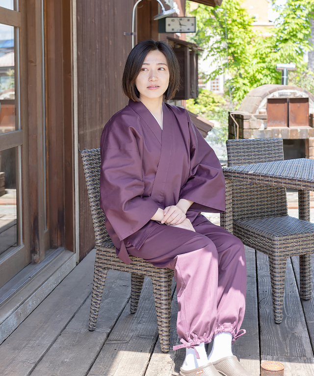 綾織作務衣＜9番色 古代紫＞（SS/S/M/L)【和粋庵】（あやおりさむえ）