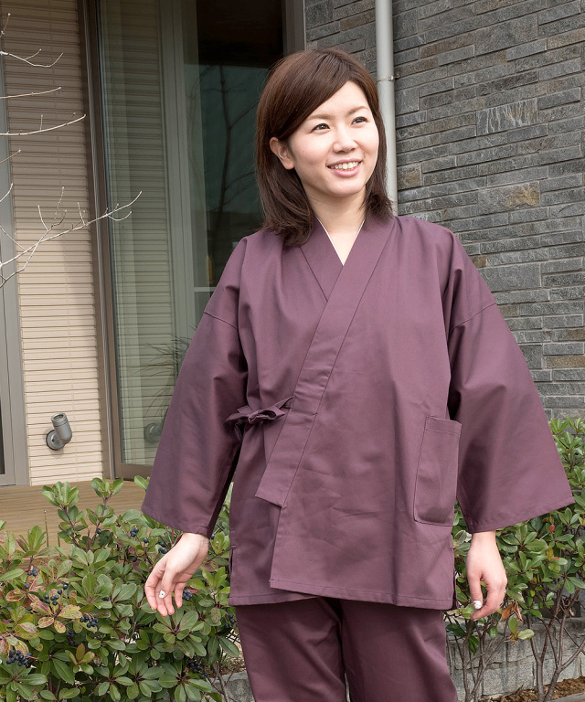 綾織作務衣＜9番色 古代紫＞（SS/S/M/L)【和粋庵】（あやおりさむえ）
