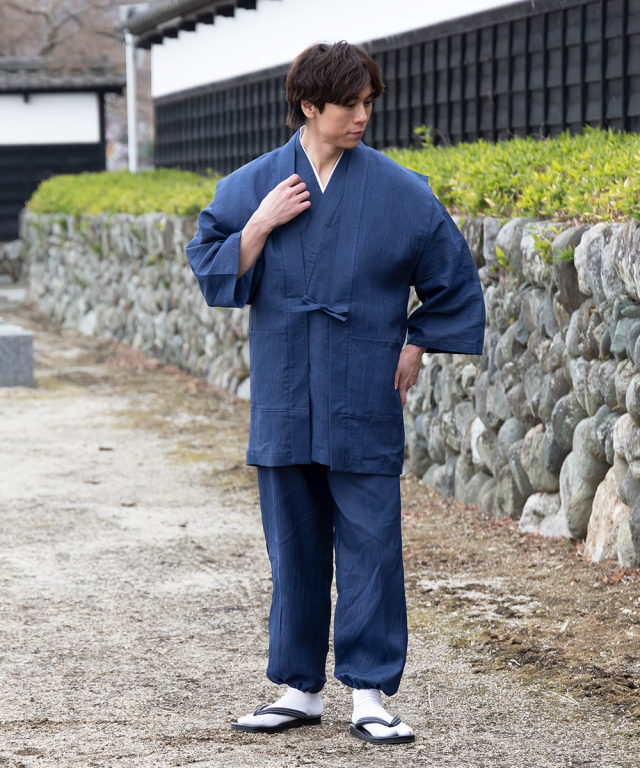 紺地 水玉 絣模様 浴衣 バチ襟 夏小紋