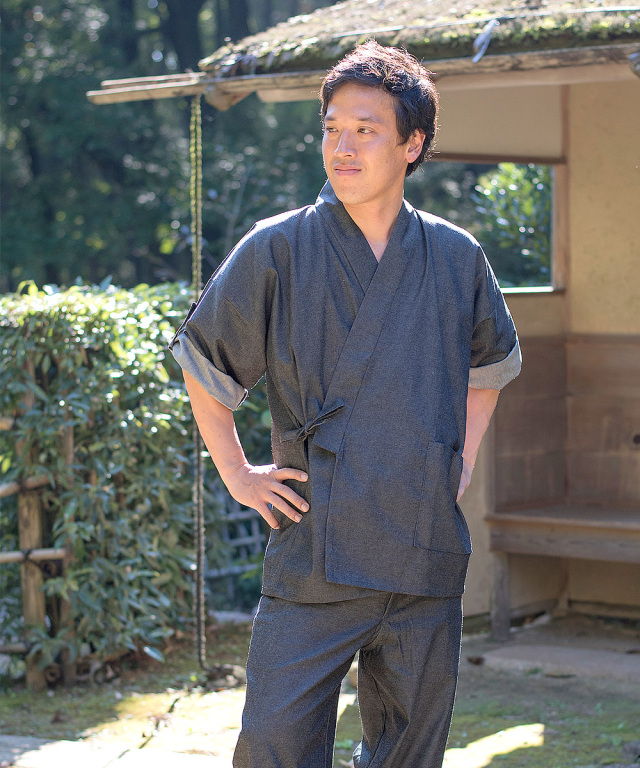 【No.15】入園・入学セット☆*°6点 牛柄×デニム ブラック T/C 6オンスデニム・ロールアップ袖作務衣 No.1 濃紺 | 作務衣