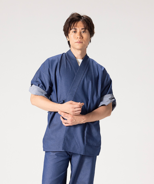 Lee　インディゴデニム　シャツジャケット　作務衣　野良着　法被　着物　羽織 WAJIN デニム地作務衣 4サイズ（M寸～3L寸） ストレッチ生地で着