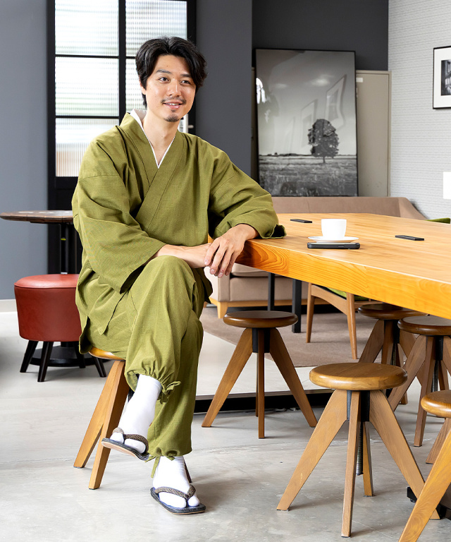 絣紬作務衣＜6番色 抹茶＞【和粋庵】（かすりつむぎさむえ） | 作務衣