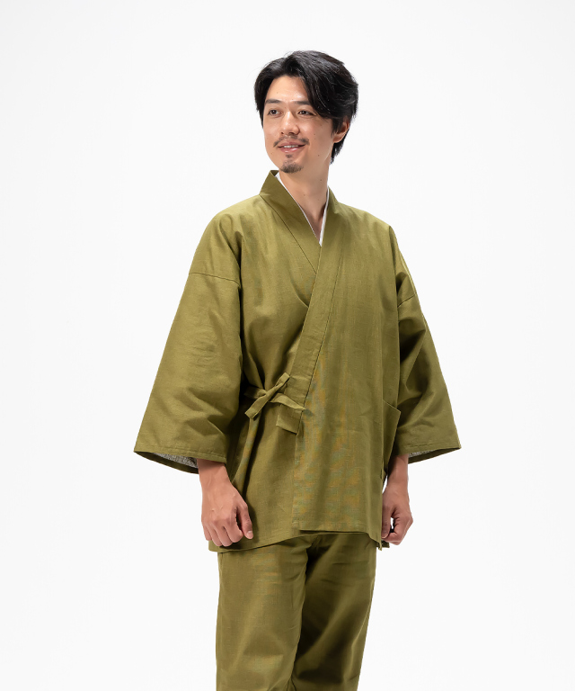 男半巾帯　紬　手織り　絣　茶濃淡　B875 絣紬作務衣＜6番色 抹茶＞【和粋庵】（かすりつむぎさむえ） | 作務衣