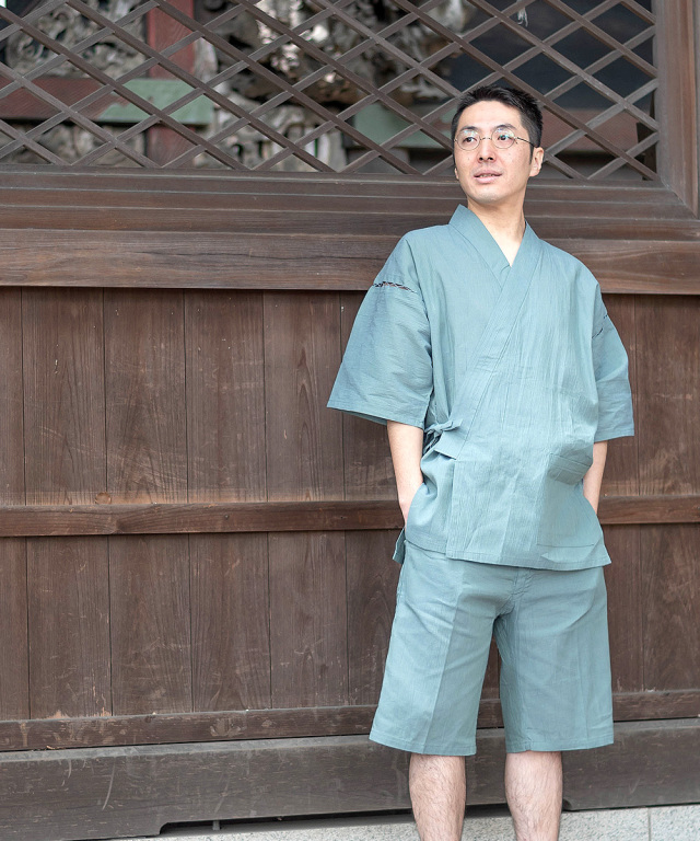 綿麻楊柳甚平 (めんあさようりゅうじんべい） グリーン | 作務衣・甚平