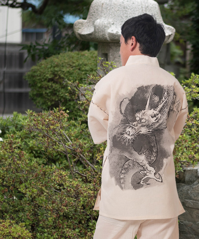 水墨画甚平 （すいぼくがじんべい） No.1 ベージュ/龍 | 作務衣・甚平