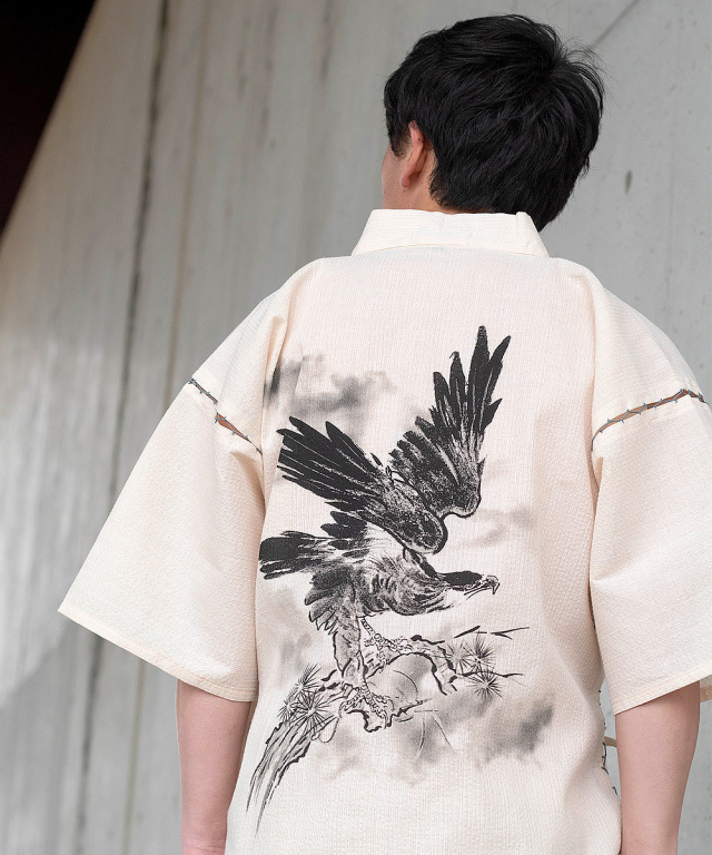 水墨画甚平 （すいぼくがじんべい） No.3 ベージュ/鷹 | 作務衣・甚平
