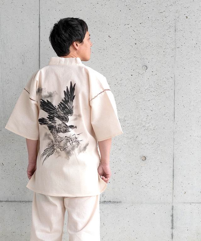水墨画甚平 （すいぼくがじんべい） No.3 ベージュ/鷹 | 作務衣・甚平