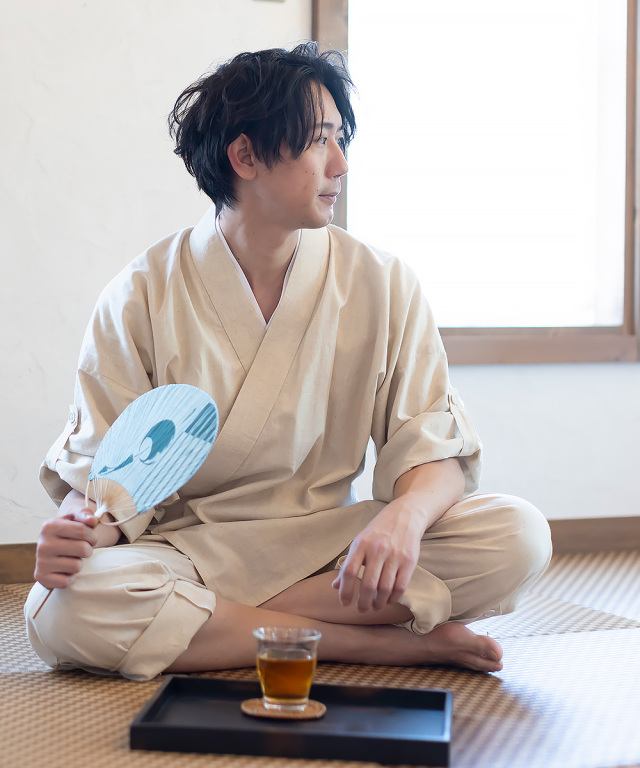 麻綿ロールアップ作務衣