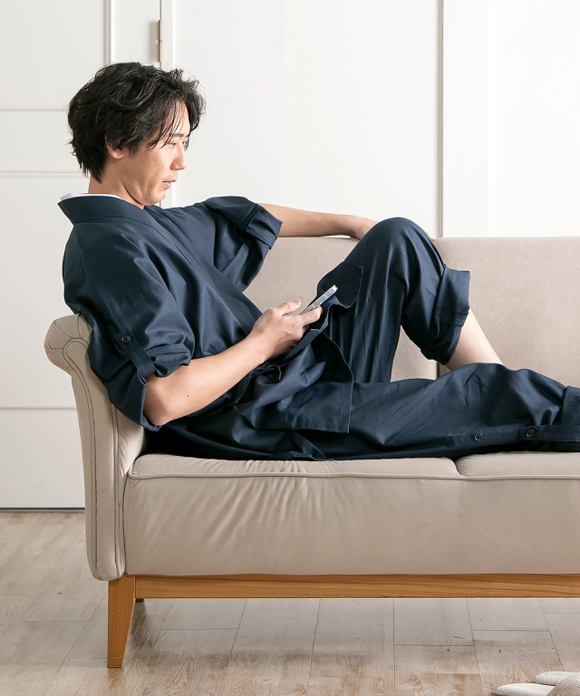 麻綿ロールアップ袖・裾作務衣 No.2 濃紺 【和粋庵】