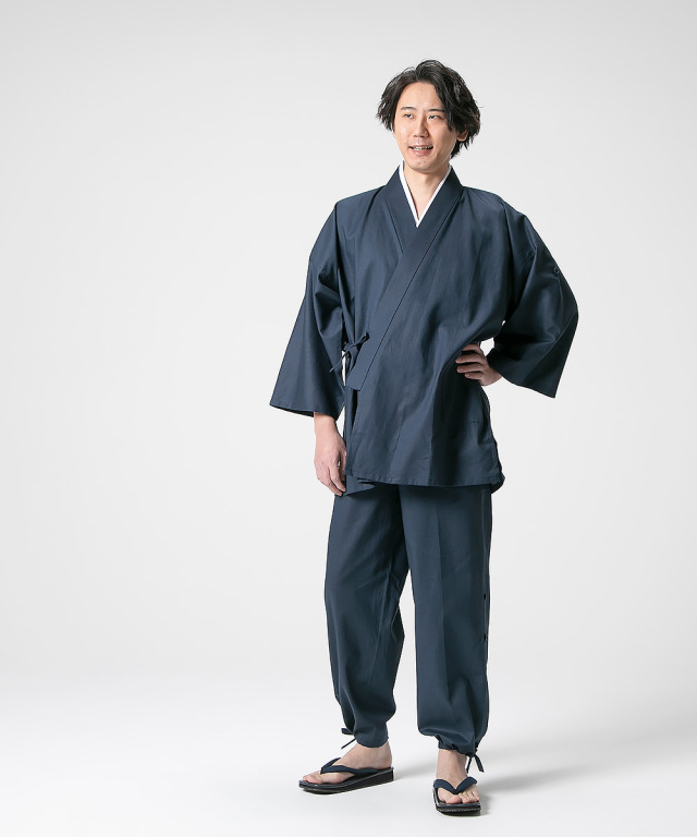 コーヒー　ま-547 綿麻長襦袢　まとめ売り　8枚 麻綿ロールアップ袖・裾作務衣 No.2 濃紺 【和粋庵】