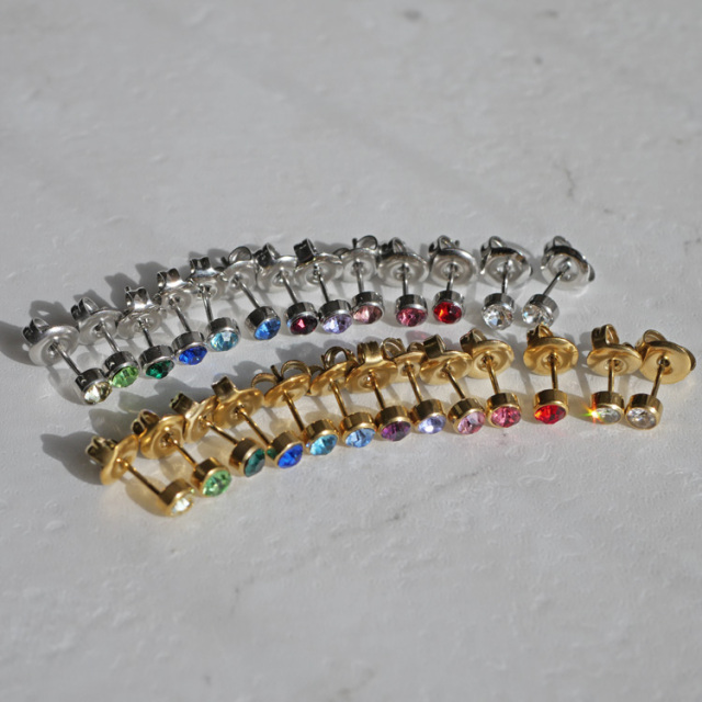 金属アレルギー対応 ステンレスピアス カラーストーンベゼルジュエルピアス(両耳用)金属アレルギー 316L pi061