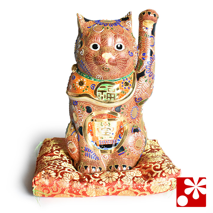 九谷焼 特大招き猫 置物 盛（宝船） 座布団付（左手・高 約30cm）（w8-1568）