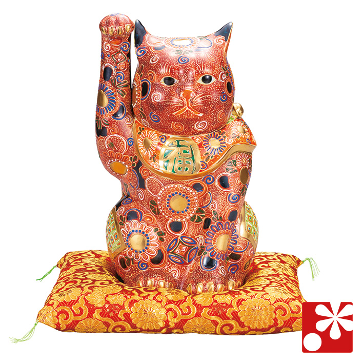 九谷焼 特大招き猫 置物 盛 座布団付（右手・高 約30cm）（w8-1567）