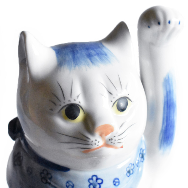 九谷焼 招き猫 置物 染付 座布団付