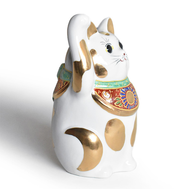 九谷焼 招き猫 置物 金ブチ 座布団付（右手・高 約14cm