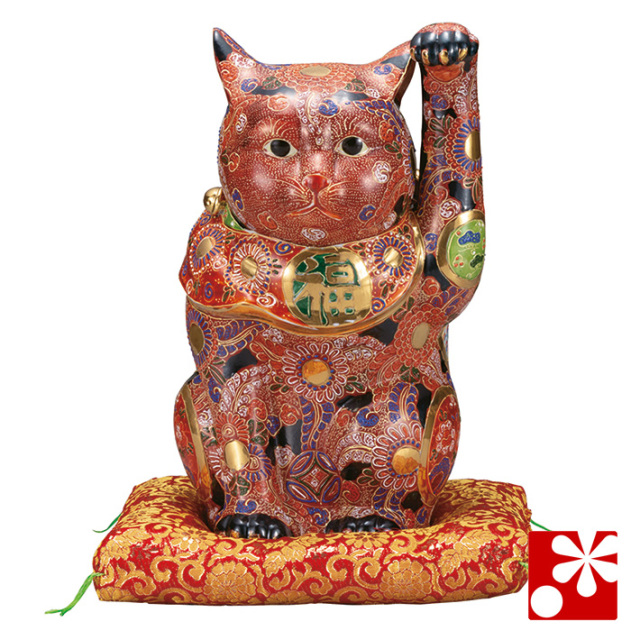 大型38cm】九谷焼 招き猫 赤絵金彩 縁起物 開運 商売繁盛 置物 九谷焼