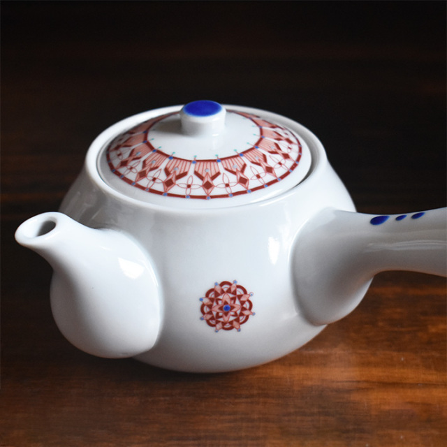 九谷焼 急須 蓋付茶器5客セット 赤絵丸紋【アウトレット
