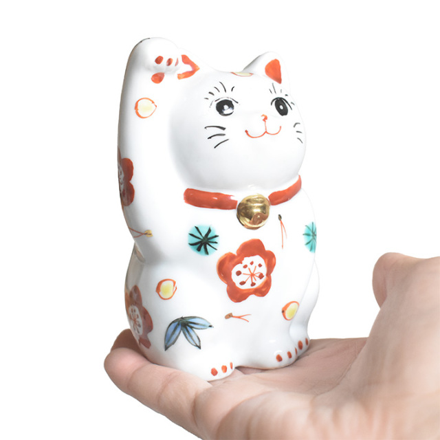 九谷焼 招き猫 置物 松竹梅（右手・高 約11.5cm）【アウトレット