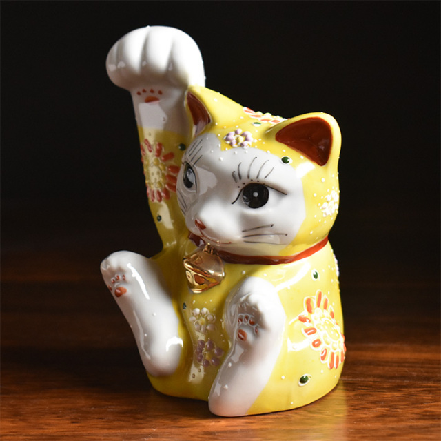 九谷焼招き猫 九谷焼】招き猫 4号 白盛 右手 金運招福 縁起物 Maneki Neko