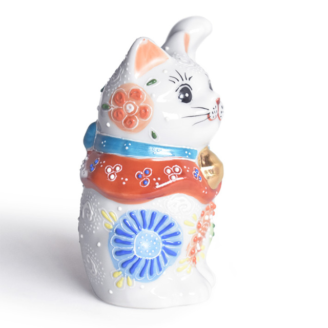 九谷焼 招き猫 置物 白盛花