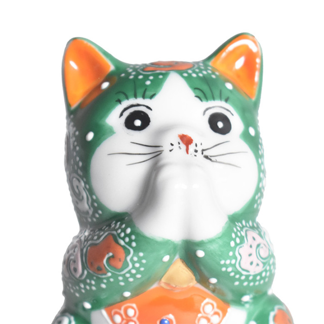 九谷焼 お祈り猫 置物 緑盛