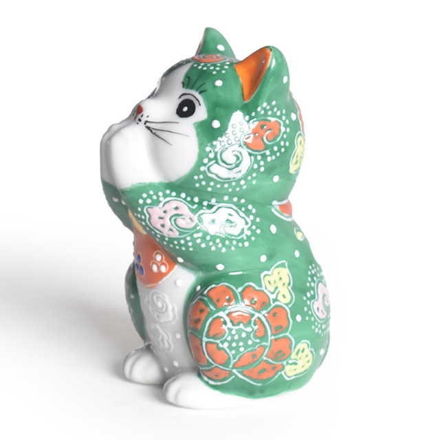 九谷焼 お祈り猫 置物 緑盛