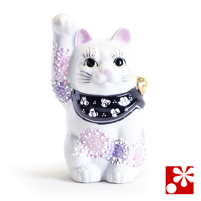九谷焼 招き猫（右手）　花むらさき（中）（WAZAHONPO-81469）