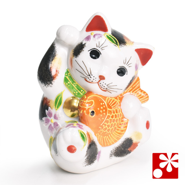 九谷焼 鯛招き猫 置物 三毛盛（右手・高 約11cm）（w8-1489）