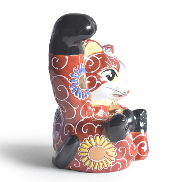 九谷焼 招き猫 置物 赤盛（右手・高 約13.5cm）【アウトレット