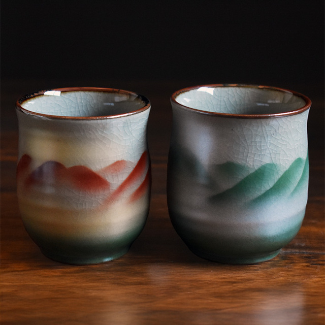 ペア湯呑みポット急須セット（茶こし 網付き） 連山