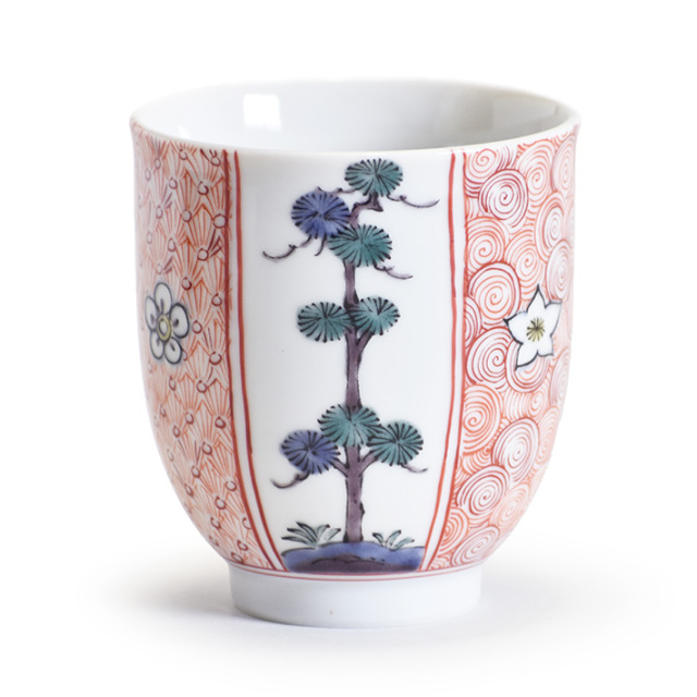 九谷焼松竹梅 九谷焼 蓋付湯呑 丸紋松竹梅 小槌付き(Kutani teacup) ギフト