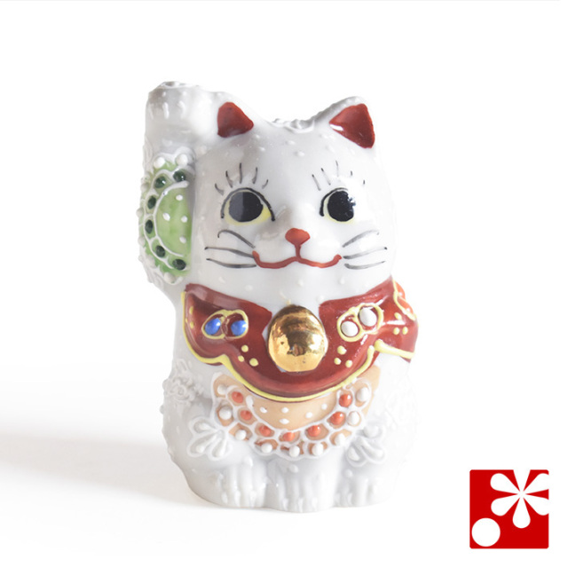福の神と猫の陶器彫刻 九谷焼 九谷焼 招福猫『風神雷神』台座付 | 東京書芸館公式通販ウェブサイト