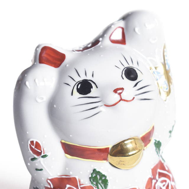 九谷焼 両手招き猫 置物 薔薇と蝶