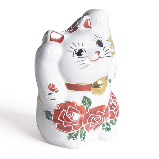 九谷焼 両手招き猫 置物 薔薇と蝶