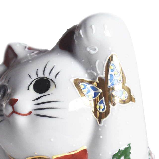 九谷焼 両手招き猫 置物 薔薇と蝶
