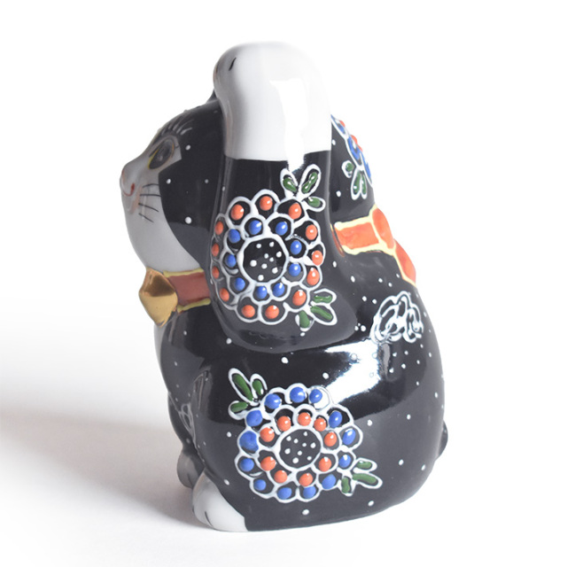 九谷焼 両手招き猫 置物 黒盛