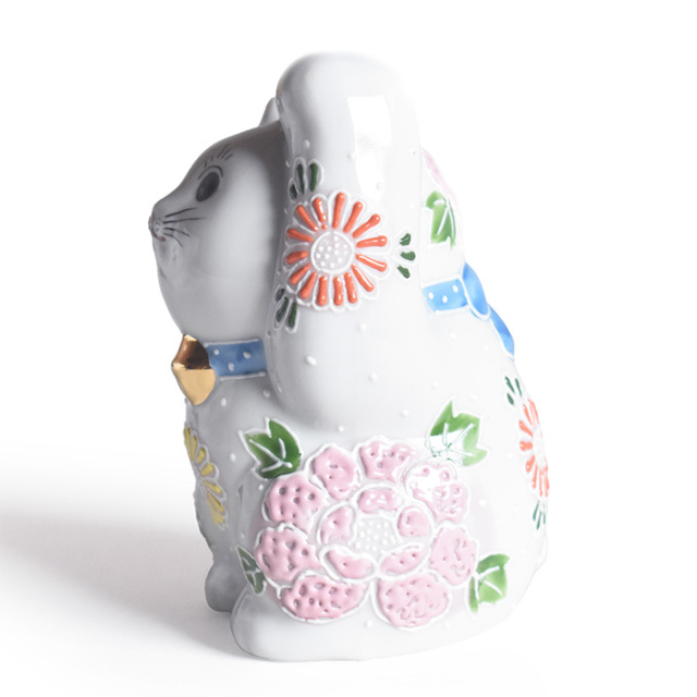 九谷焼 両手招き猫 置物 花園盛