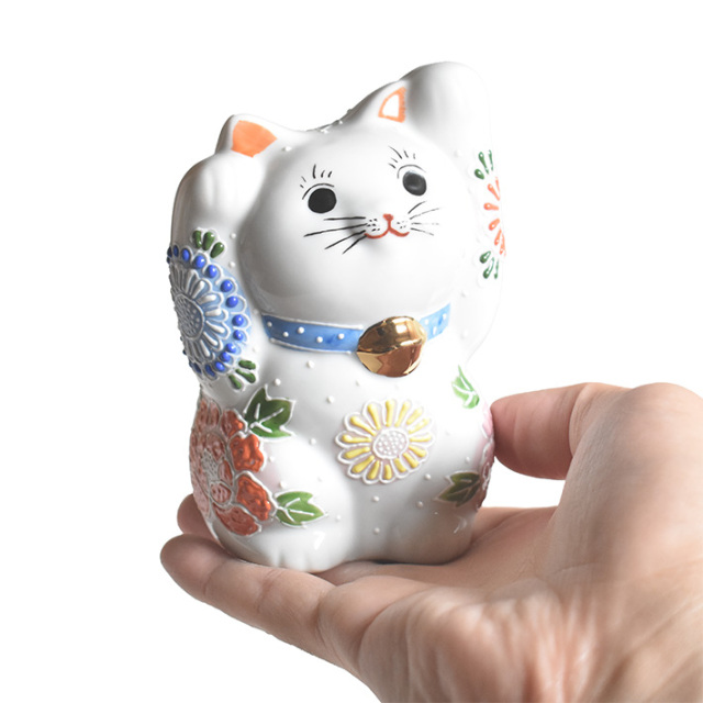 九谷焼 両手招き猫 置物 花園盛