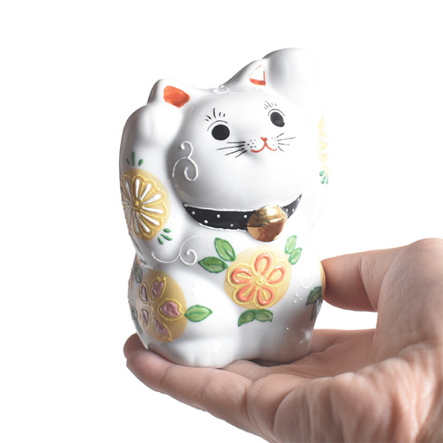 九谷焼 両手招き猫 置物 花はな盛