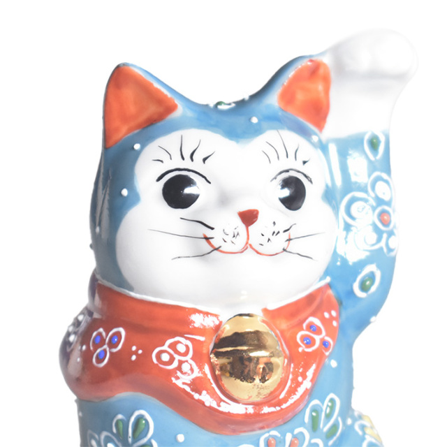 九谷焼 招き猫 置物 淡青盛