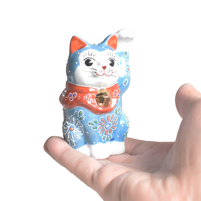 九谷焼 招き猫 置物 淡青盛
