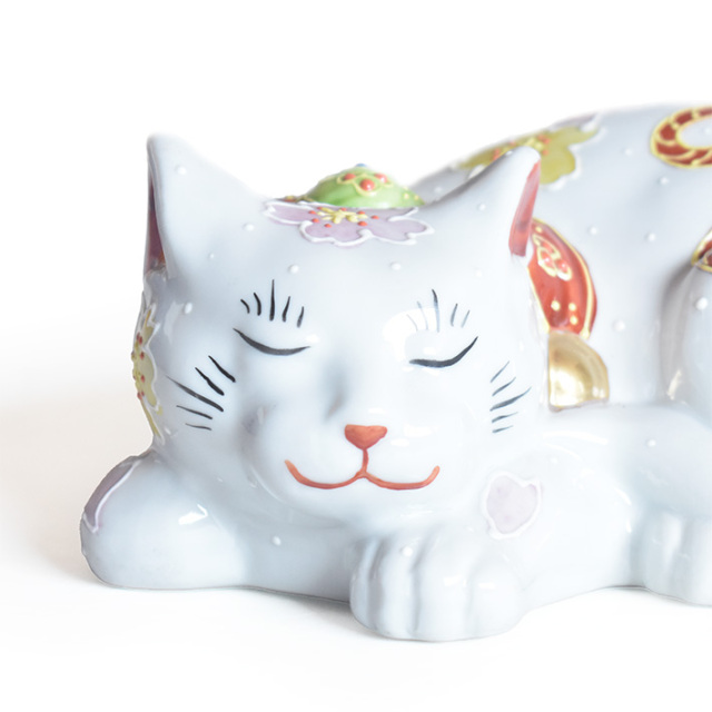 九谷焼 眠り猫 置物 福鈴 座布団付